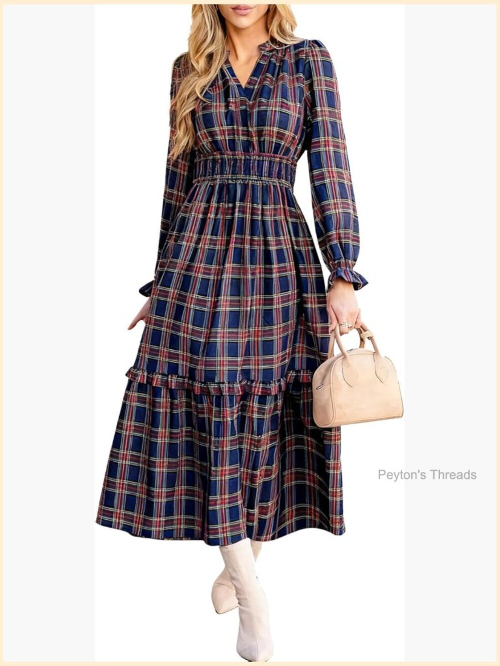 Classic Plaid Ruffle Maxi Dress V Neck Long Sleeve Smocked Waist